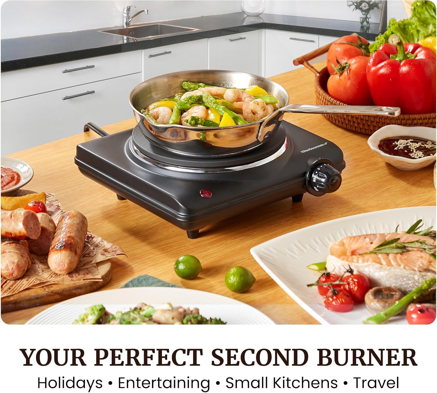Elite Gourmet Countertop Electric Burner, 1000W Cast Iron Hot Plate, 7 Heat Settings, Portable Cooktop for RV, Dorm, Office & Small Kitchens, Road-Ready & Compact - Image 2