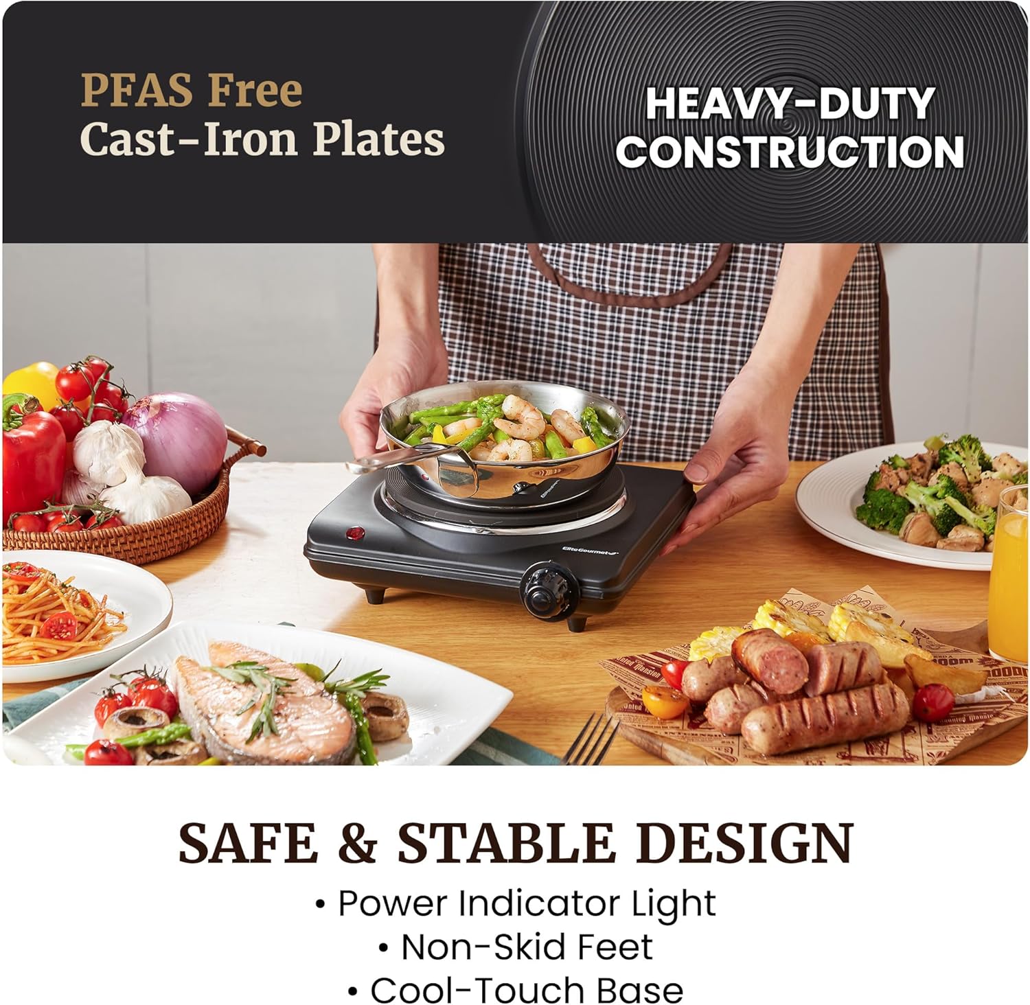 Elite Gourmet Countertop Electric Burner, 1000W Cast Iron Hot Plate, 7 Heat Settings, Portable Cooktop for RV, Dorm, Office & Small Kitchens, Road-Ready & Compact - Image 6